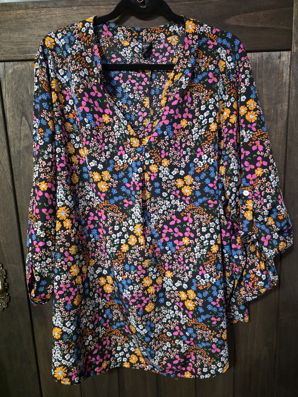 Floral V-Neck Tunic Top in Black with Pink, Yellow & Blue Blooms